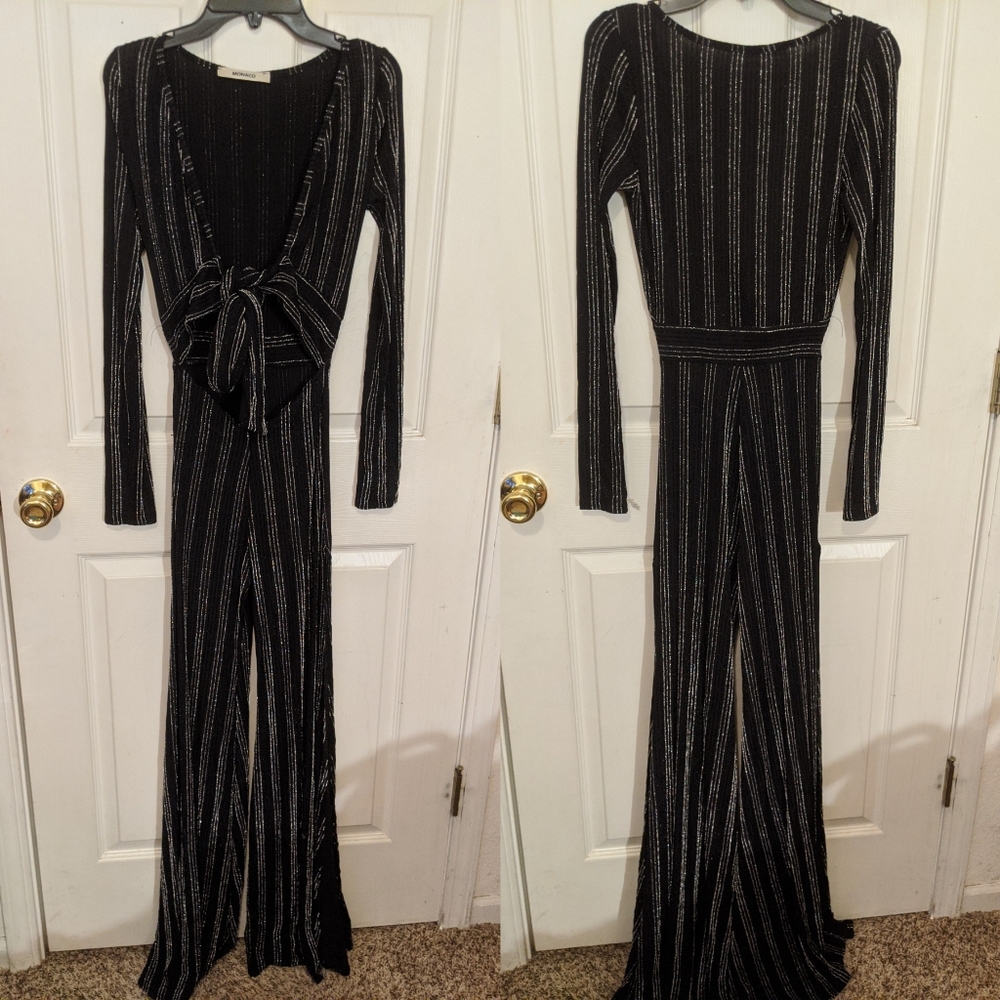 Black Jumpsuit with Silver Stripes and Bow Sm